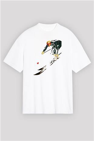 Kayak Baskılı Unisex Beyaz Oversize Tişört - Tshirt