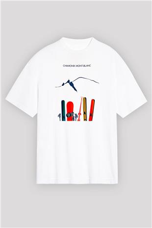 Kayak Baskılı Unisex Beyaz Oversize Tişört - Tshirt