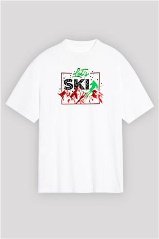 Kayak Baskılı Unisex Beyaz Oversize Tişört - Tshirt