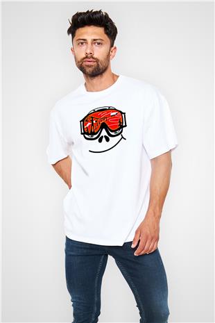 Kayak Baskılı Unisex Beyaz Oversize Tişört - Tshirt
