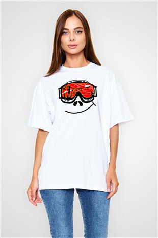 Kayak Baskılı Unisex Beyaz Oversize Tişört - Tshirt