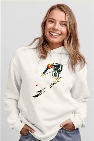 Kayak Baskılı Unisex Ekru Hoodie