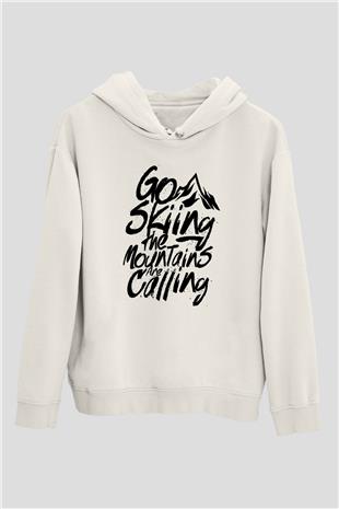 Kayak Baskılı Unisex Ekru Hoodie