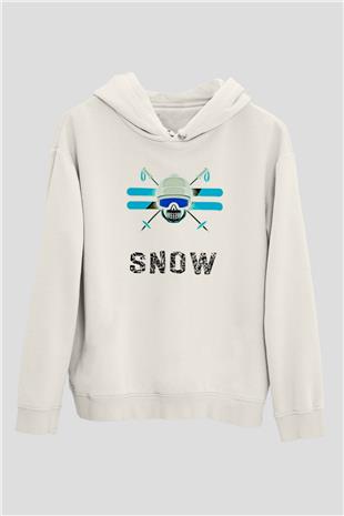 Kayak Baskılı Unisex Ekru Hoodie