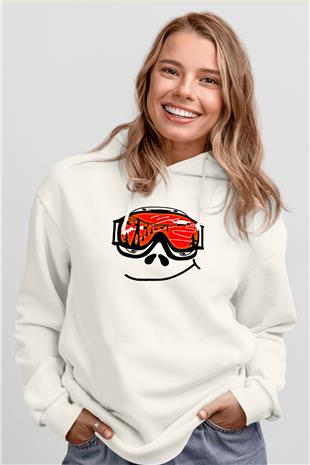 Kayak Baskılı Unisex Ekru Hoodie