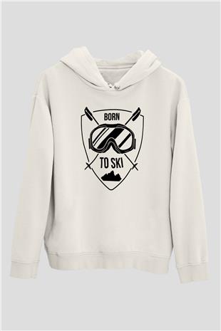 Kayak Baskılı Unisex Ekru Hoodie