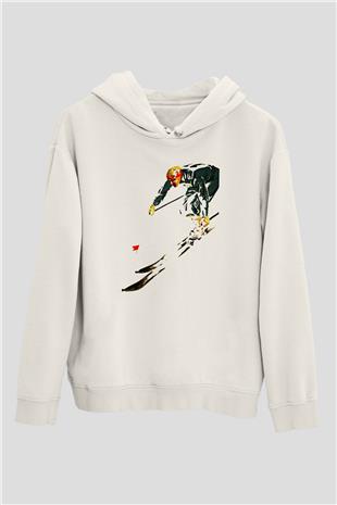 Kayak Baskılı Unisex Ekru Hoodie