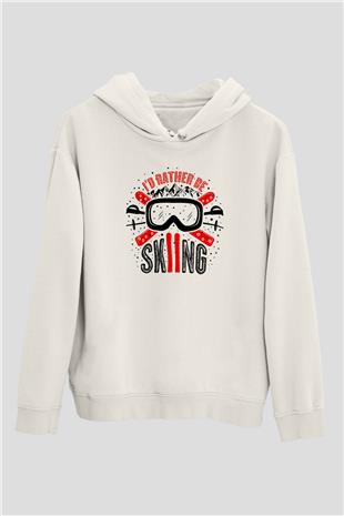 Kayak Baskılı Unisex Ekru Hoodie