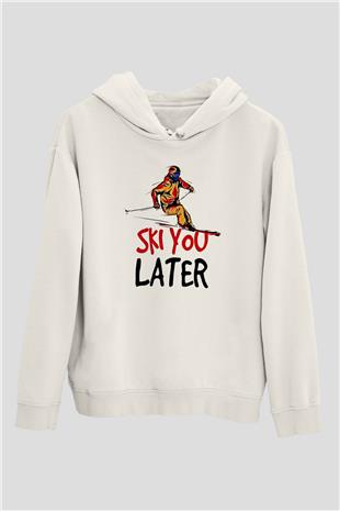 Kayak Baskılı Unisex Ekru Hoodie