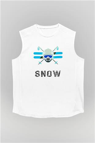 Kayak Baskılı Unisex Kolsuz Beyaz Tişört