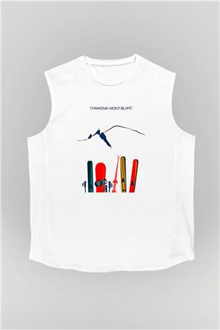 Kayak Baskılı Unisex Kolsuz Beyaz Tişört
