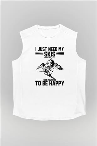 Kayak Baskılı Unisex Kolsuz Beyaz Tişört