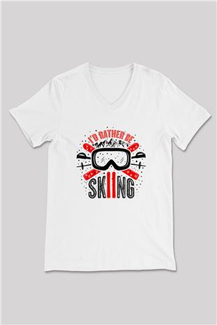 Kayak Baskılı Unisex V Yaka Tişört - Tshirt