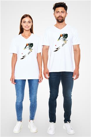 Kayak Baskılı Unisex V Yaka Tişört - Tshirt