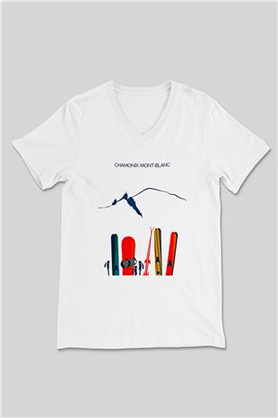 Kayak Baskılı Unisex V Yaka Tişört - Tshirt