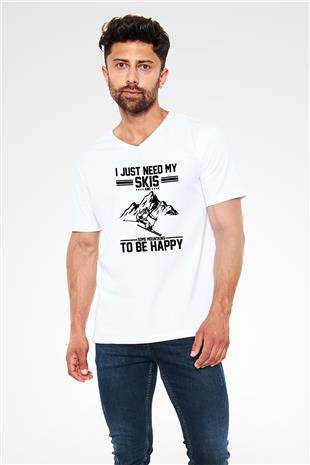 Kayak Baskılı Unisex V Yaka Tişört - Tshirt