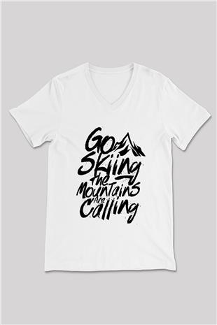 Kayak Baskılı Unisex V Yaka Tişört - Tshirt
