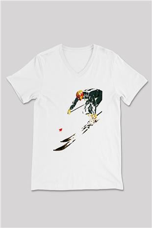 Kayak Baskılı Unisex V Yaka Tişört - Tshirt
