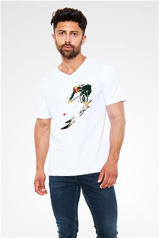Kayak Baskılı Unisex V Yaka Tişört - Tshirt