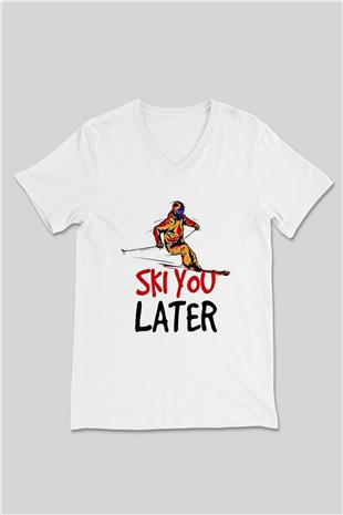 Kayak Baskılı Unisex V Yaka Tişört - Tshirt