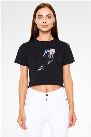 Kayak - Ski Baskılı Crop Top Siyah Kadın Tişört - Tshirt