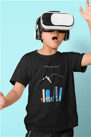 Kayak - Ski Baskılı Unisex Siyah Çocuk Tİşörtü - Tshirt