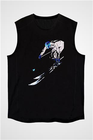 Kayak - Ski Baskılı Unisex Siyah Kolsuz Tişört