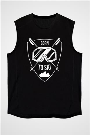 Kayak - Ski Baskılı Unisex Siyah Kolsuz Tişört