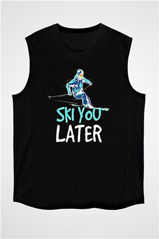 Kayak - Ski Baskılı Unisex Siyah Kolsuz Tişört