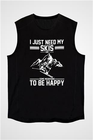 Kayak - Ski Baskılı Unisex Siyah Kolsuz Tişört