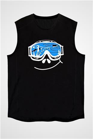 Kayak - Ski Baskılı Unisex Siyah Kolsuz Tişört