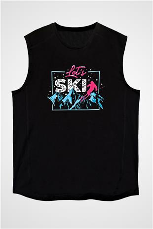 Kayak - Ski Baskılı Unisex Siyah Kolsuz Tişört