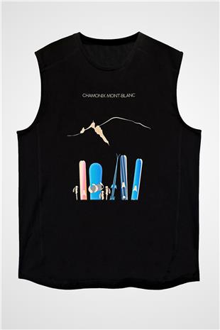 Kayak - Ski Baskılı Unisex Siyah Kolsuz Tişört