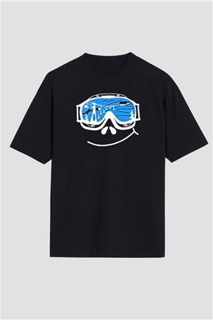 Kayak - Ski Baskılı Unisex Siyah Oversize Tişört
