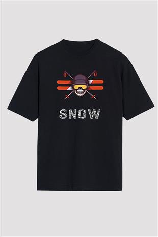 Kayak - Ski Baskılı Unisex Siyah Oversize Tişört