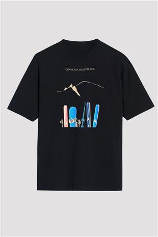 Kayak - Ski Baskılı Unisex Siyah Oversize Tişört