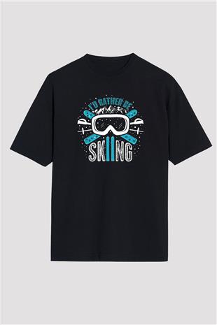 Kayak - Ski Baskılı Unisex Siyah Oversize Tişört