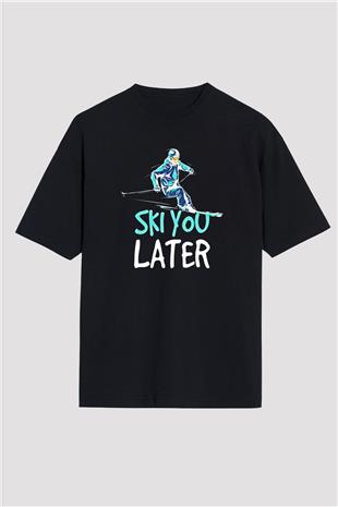 Kayak - Ski Baskılı Unisex Siyah Oversize Tişört