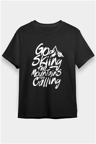 Kayak - Ski Baskılı Unisex Siyah Tişört - Tshirt