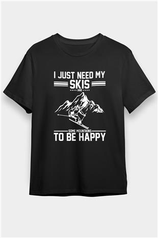 Kayak - Ski Baskılı Unisex Siyah Tişört - Tshirt