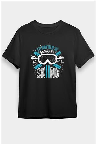 Kayak - Ski Baskılı Unisex Siyah Tişört - Tshirt