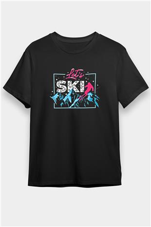 Kayak - Ski Baskılı Unisex Siyah Tişört - Tshirt