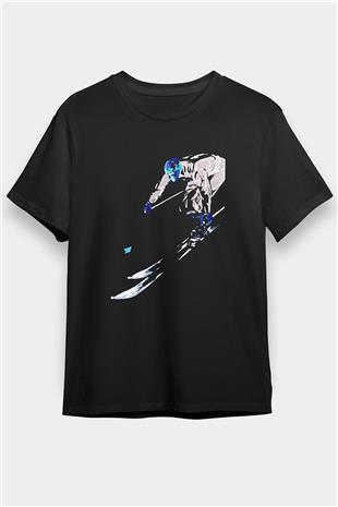 Kayak - Ski Baskılı Unisex Siyah Tişört - Tshirt