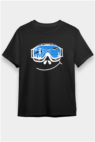 Kayak - Ski Baskılı Unisex Siyah Tişört - Tshirt