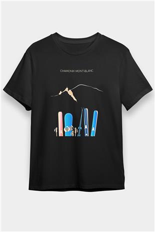 Kayak - Ski Baskılı Unisex Siyah Tişört - Tshirt