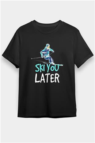 Kayak - Ski Baskılı Unisex Siyah Tişört - Tshirt