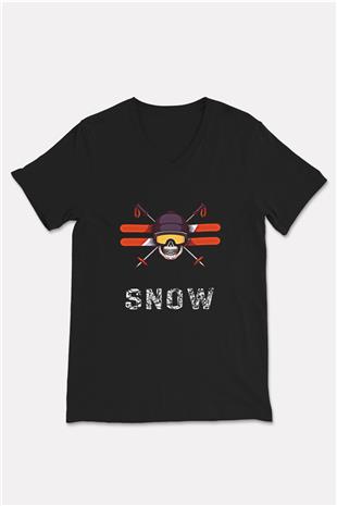 Kayak - Ski Baskılı Unisex Siyah V Yaka Tişört