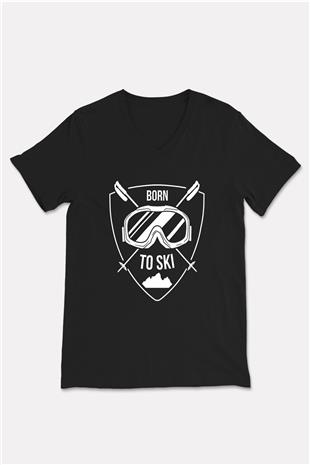 Kayak - Ski Baskılı Unisex Siyah V Yaka Tişört