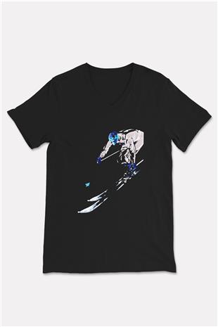 Kayak - Ski Baskılı Unisex Siyah V Yaka Tişört