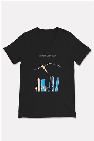 Kayak - Ski Baskılı Unisex Siyah V Yaka Tişört